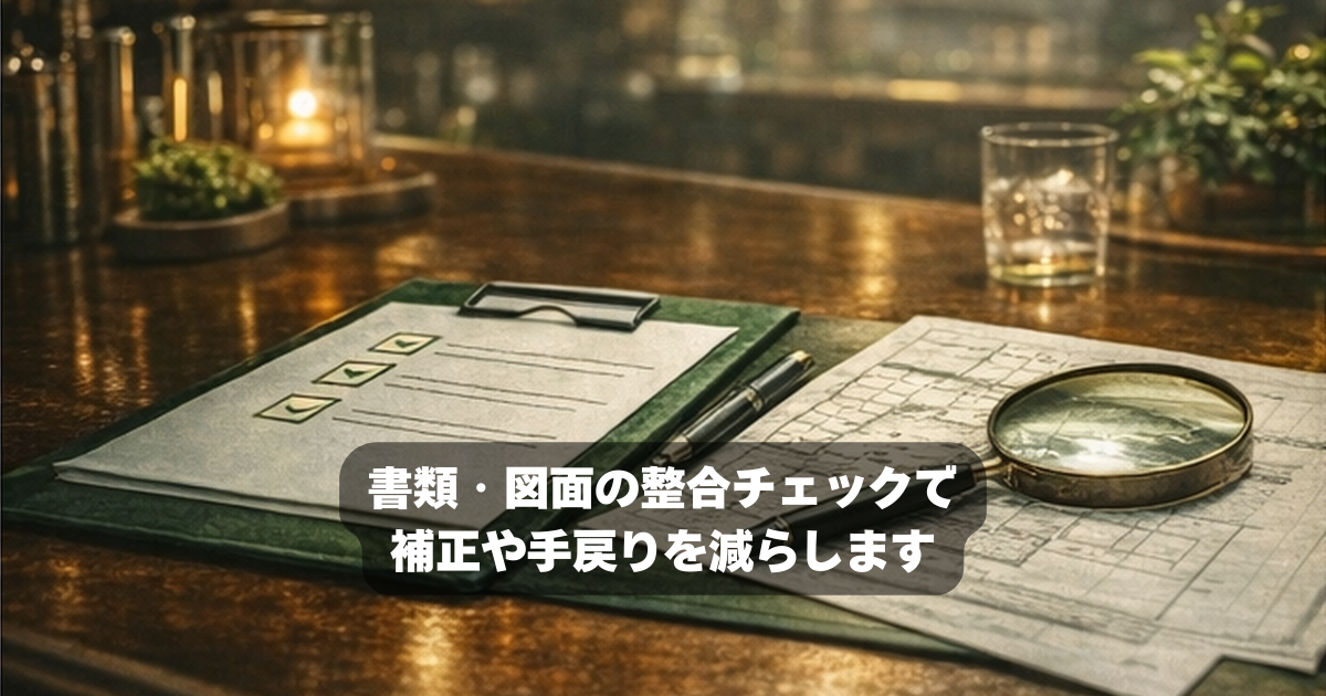 図面作成と添付書類の整合チェックのイメージ（飲食店営業許可・深夜営業届出）