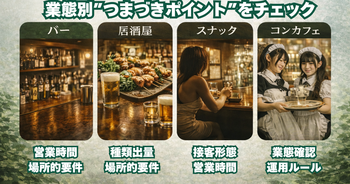 バー 居酒屋 スナック コンカフェの業態別チェックポイント（届出・許可の分岐整理）