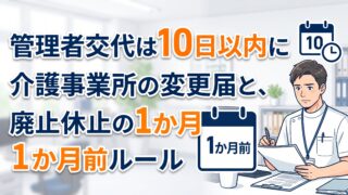 管理者を交代したら10日以内です。介護事業所の変更届と、廃止休止の1か月前